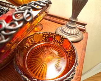 Antique Amber Glass Trinket Bowl with Lid and Metal Filigree Design