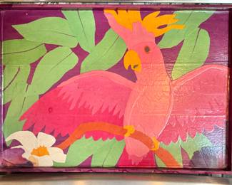 Colorful Vintage Tropical Parrot Wall Art – Pink Cockatoo Jungle Scene with Green Leaves