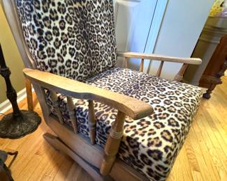 Vintage Wooden Rocking Chair with Leopard Print Cushions – Retro Home Seating