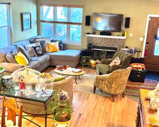 gray sectional, glass sofa table/entry table