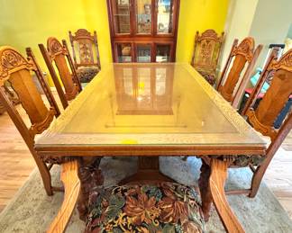 Antique Carved Oak Dining Table with 8 Matching Chairs – Glass Top