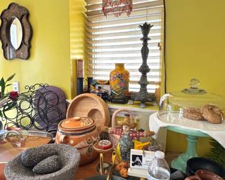 Vintage Mexican Kitchenware & Home Decor – Molcajete, Clay Pottery, Rustic Cookware, Glass Cake Dome, Boho Pendant Light, Decorative Accents
