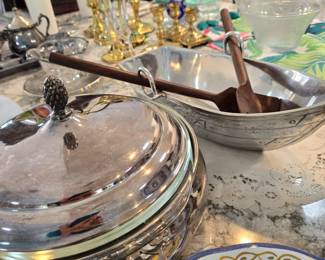 Serving Boat with Wood Servers. Silverplate Casserole, Brass Candlesticks