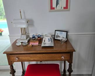 Desk, Stool, White Desk Lamp + Misc