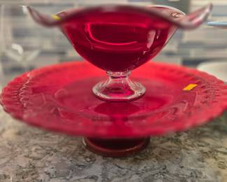 Red Glass Cake Stand & Fluted Bowl