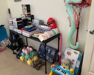 Children’s toys , workout equipment and videos. 