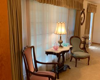 Lyre table with marble top, antique chairs, brass lamp 