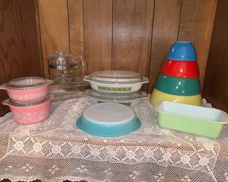 Vintage Pyrex, mint green loaf pan, clear box with lid, clear coffee pot