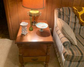 Brass samavor lamp; pair of Tell City, Indiana end tables