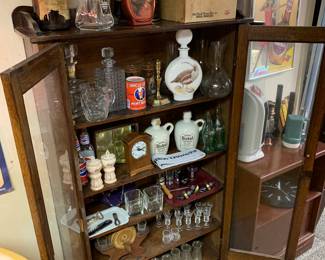liquor bottles, bar ware, ice bucket, glass ware, Jack Daniel's items; Urine specimen bottles