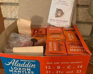 Box of Aladdin loxon mantles and other items- will sell as one lot