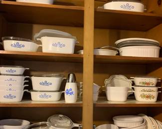 Corning cornflower and harvest, French white, most with lids glass and plastic