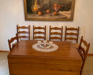 Tell City Indiana dining table and six chairs with leaves; great wall art