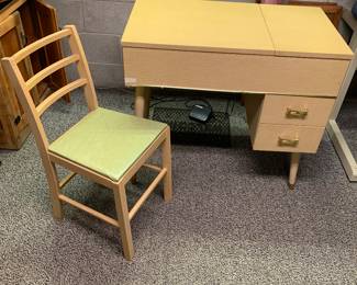 antique mid-century sewing machine cabinet and chair