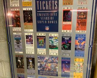 poster of first 25 years of Super Bowl tickets, framed