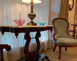 Lyre table; Fenton glassware