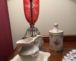 Cranberry cut glass lamp