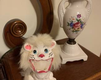 Lion cotton ball holder; pair of lamps