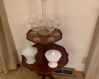 double pie crust table; milk glass; wine decanter set