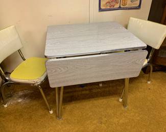 formica and chrome kitchen table, 2 rough chairs