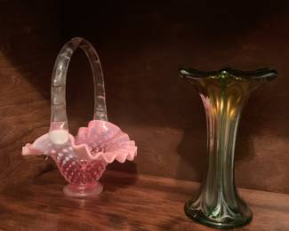 Pink hobnail; green irridescent jack-in-the-pulpit vase