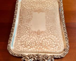 Beautifully chased heavy silver on copper English serving tray...