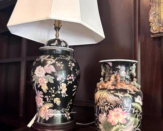 Asian Ginger Jar Lamp and Vase with Lotus pattern