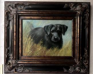 Labrador Puppy Painting signed S. Marie in a gorgeous frame.