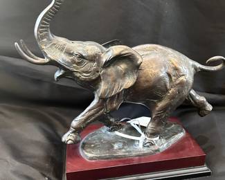 Bronzes: Ovid Canadensis, Big Horn Sheep by James Scriver #33/36, Horses "Mothers Patience" by Bob Parks #17/20, Horse/Dog "Tug of War" by Bob Parks #22/75, Rampant Elephant Sculpture