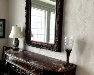Gorgeous Marble and carved wood side table.