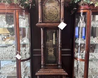 Antique Clocks: ornately engraved Grandfather Clock, Early 19th Century New Haven Mantle, Howard Miller Regulator, E. Ingram "Thalia" alarm, Rhythm Switzerland Hourly sound.