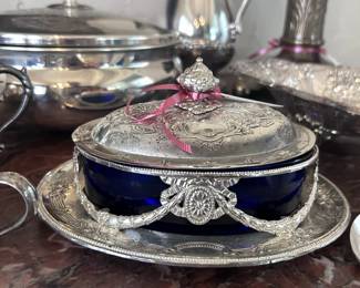 Beautiful Silverplate and Cobalt Blue Butter Dish.