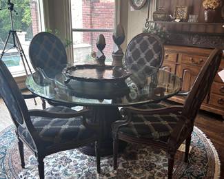 Lovely upholstered arm chairs (set of 6) with a large Carved Pedestal Table with Glass Top