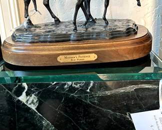 Bronzes: Ovid Canadensis, Big Horn Sheep by James Scriver #33/36, Horses "Mothers Patience" by Bob Parks #17/20, Horse/Dog "Tug of War" by Bob Parks #22/75, Rampant Elephant Sculpture