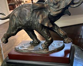 Bronzes: Ovid Canadensis, Big Horn Sheep by James Scriver #33/36, Horses "Mothers Patience" by Bob Parks #17/20, Horse/Dog "Tug of War" by Bob Parks #22/75, Rampant Elephant Sculpture