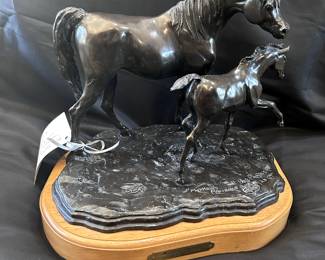 Bronzes: Ovid Canadensis, Big Horn Sheep by James Scriver #33/36, Horses "Mothers Patience" by Bob Parks #17/20, Horse/Dog "Tug of War" by Bob Parks #22/75, Rampant Elephant Sculpture
