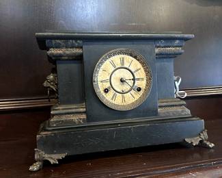 Antique Clocks: ornately engraved Grandfather Clock, Early 19th Century New Haven Mantle, Howard Miller Regulator, E. Ingram "Thalia" alarm, Rhythm Switzerland Hourly sound.