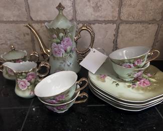 Handpainted Tea plates and cups, with pitcher, creamer & sugar