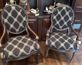 Lovely upholstered arm chairs (set of 6) with a large Carved Pedestal Table with Glass Top