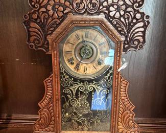 Antique Clocks: ornately engraved Grandfather Clock, Early 19th Century New Haven Mantle, Howard Miller Regulator, E. Ingram "Thalia" alarm, Rhythm Switzerland Hourly sound.