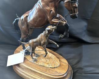 Bronzes: Ovid Canadensis, Big Horn Sheep by James Scriver #33/36, Horses "Mothers Patience" by Bob Parks #17/20, Horse/Dog "Tug of War" by Bob Parks #22/75, Rampant Elephant Sculpture