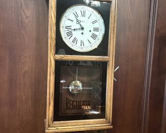 Antique Clocks: ornately engraved Grandfather Clock, Early 19th Century New Haven Mantle, Howard Miller Regulator, E. Ingram "Thalia" alarm, Rhythm Switzerland Hourly sound.