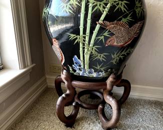 Large realistic Ficus Tree with Asian influence pot and stand.