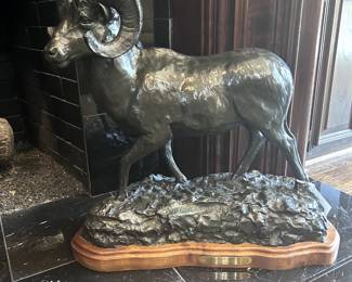 Bronzes: Ovid Canadensis, Big Horn Sheep by James Scriver #33/36, Horses "Mothers Patience" by Bob Parks #17/20, Horse/Dog "Tug of War" by Bob Parks #22/75, Rampant Elephant Sculpture