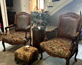 Louis XV Arm Chairs - tooled leather backs with upholstered seats.