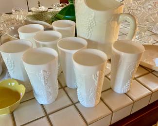 Indiana milk glass  Harvest Grape pattern  pitcher and 8 glasses 