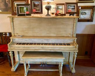 Piano and bench , white wash antique look painted 