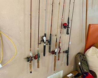 fishing poles, tackle boxes