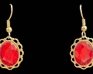 Gold Tone Oval Red Stone Costume Earrings