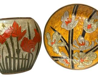 Brass Cloisonne Plate and Vase